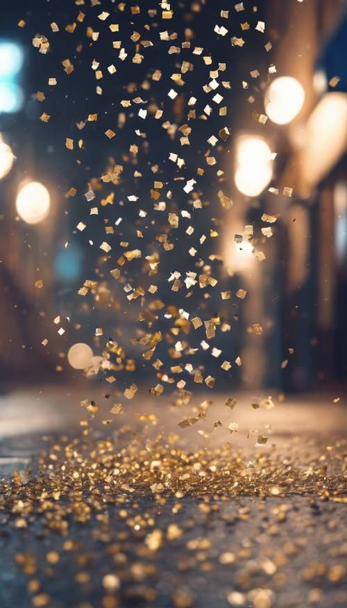 A monochromatic image of confetti falling on a quiet city street.