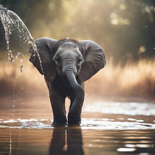 Seekor bayi gajah menyemprotkan air dengan lembut menggunakan belalainya, dengan gaya yang sederhana, menarik, dan minimalis.