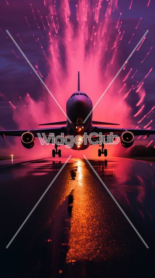 Captivating Airplane Landing at Night with Sparkling Celebration Fireworks