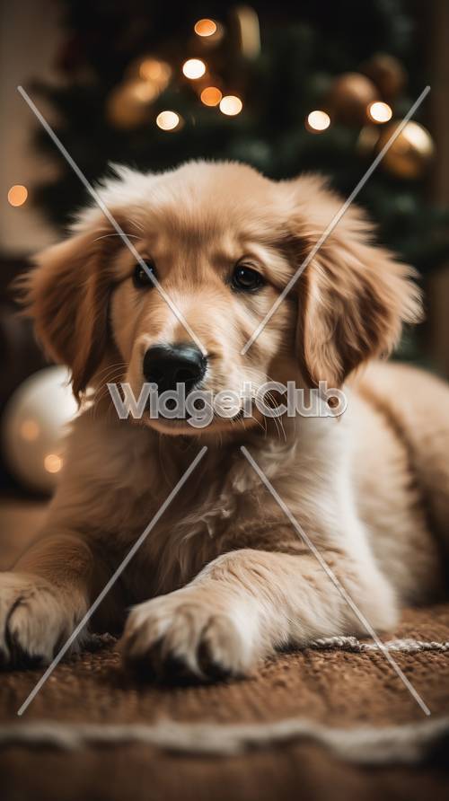 クリスマスライトで遊ぶ可愛いゴールデンレトリバーの子犬