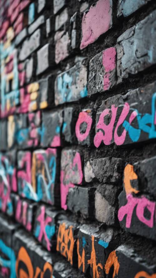A worn-out black brick wall with graffiti art.