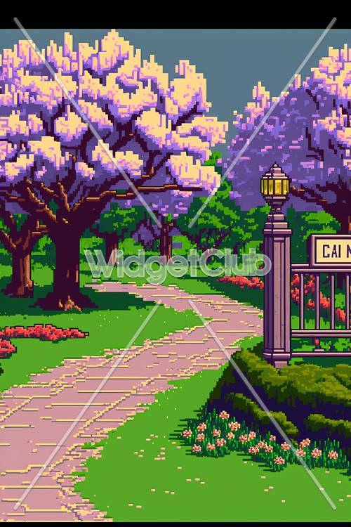 Flores de cerezo y lámparas en Pixel Park