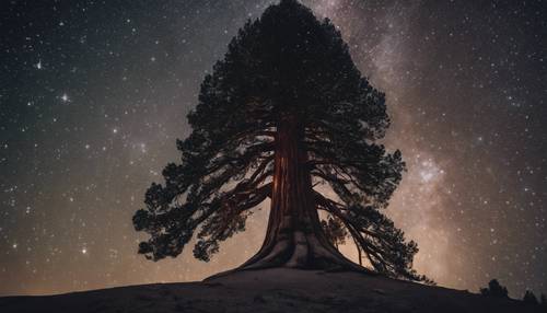 A lone, giant sequoia tree, standing bravely amidst dark cosmic dust and glittering stars.