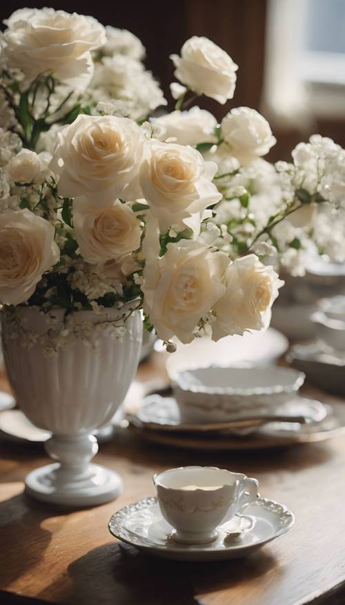 A still-life of a cream floral centerpiece set on an antique oak dinner table.