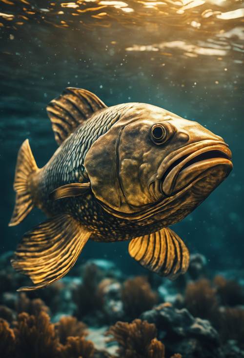 Um peixe enorme com escamas douradas escuras nadando sob a superfície do mar. Papel de parede [1b5117bf8c634a6e9fac]