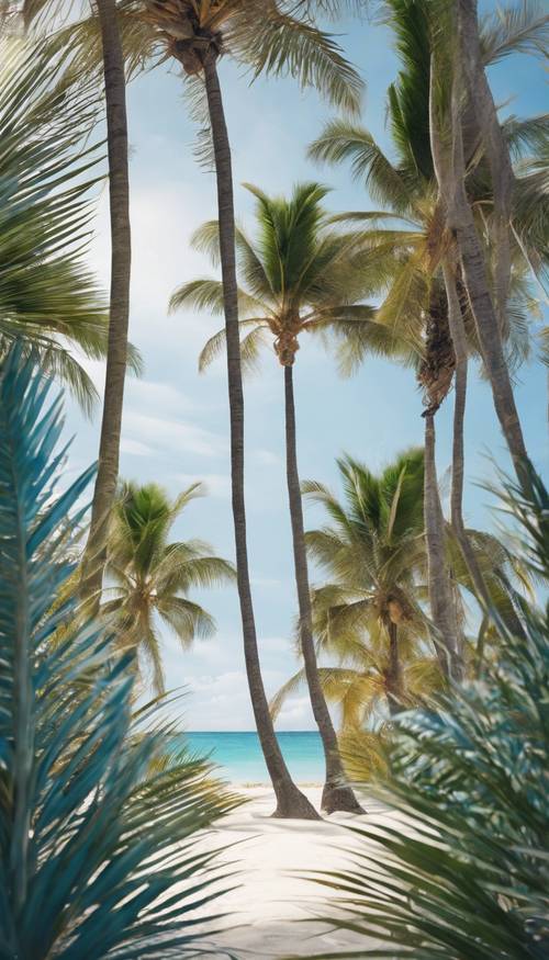 Uma praia branca emoldurada por palmeiras azuis.