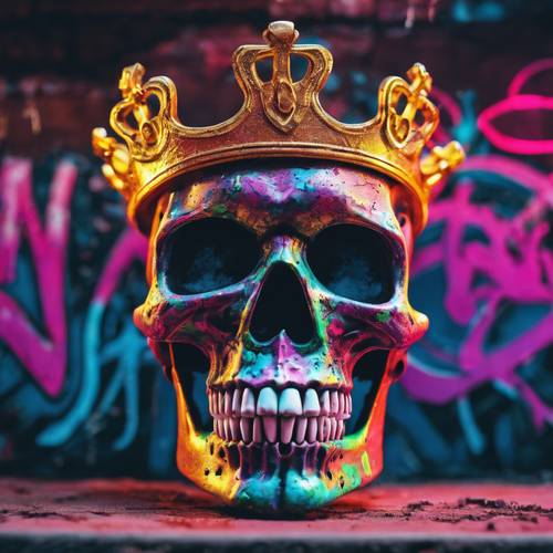 Una representación artística de una calavera de neón con una corona en estilo graffiti.