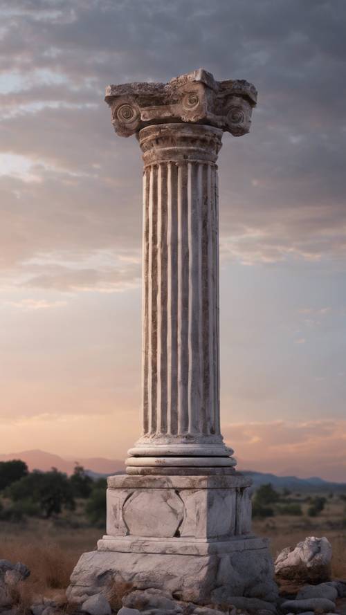 Древние, выветренные руины колонн из белого мрамора на фоне сумеречного неба