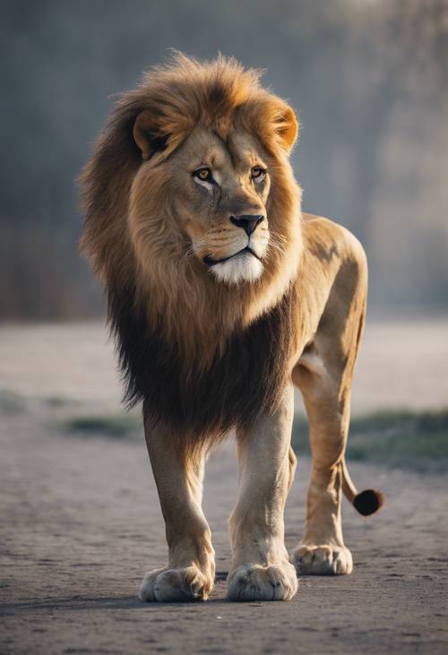 Un majestuoso león dorado paseando casualmente bajo la luz gris del amanecer.