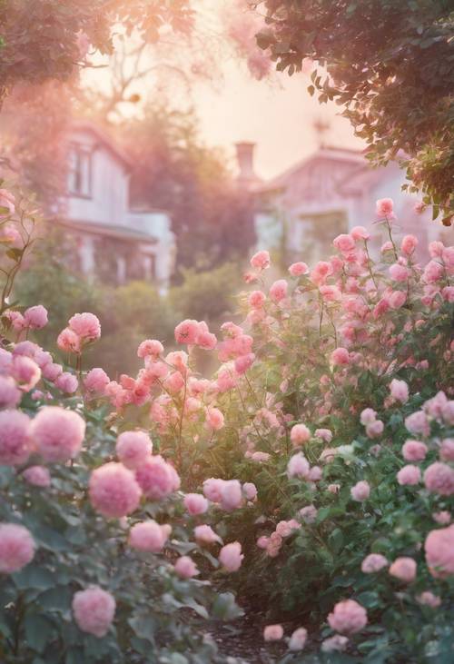 Une aquarelle éthérée représentant un jardin rose pastel luxuriant au lever du soleil.