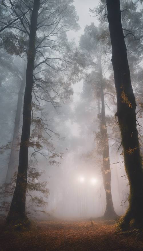 Una espesa niebla blanca flotando sobre un bosque espeluznante al atardecer