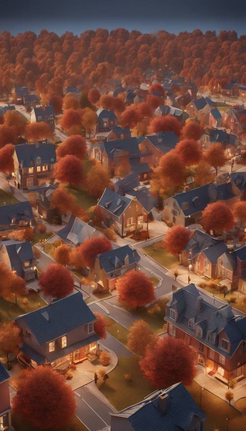 A 3D street map of a cozy small town ablaze with autumn color during twilight Шпалери [0b68a5b82db74457bef7]