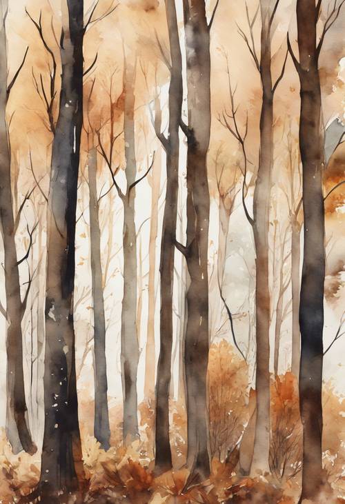 A watercolour artwork of a scenic forest with stark trees showing their brown striped bark during the autumn season.