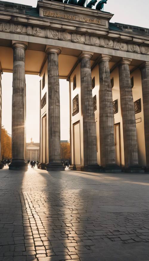 Pemandangan indah Gerbang Brandenburg di Berlin, disorot oleh sinar matahari pagi yang lembut.