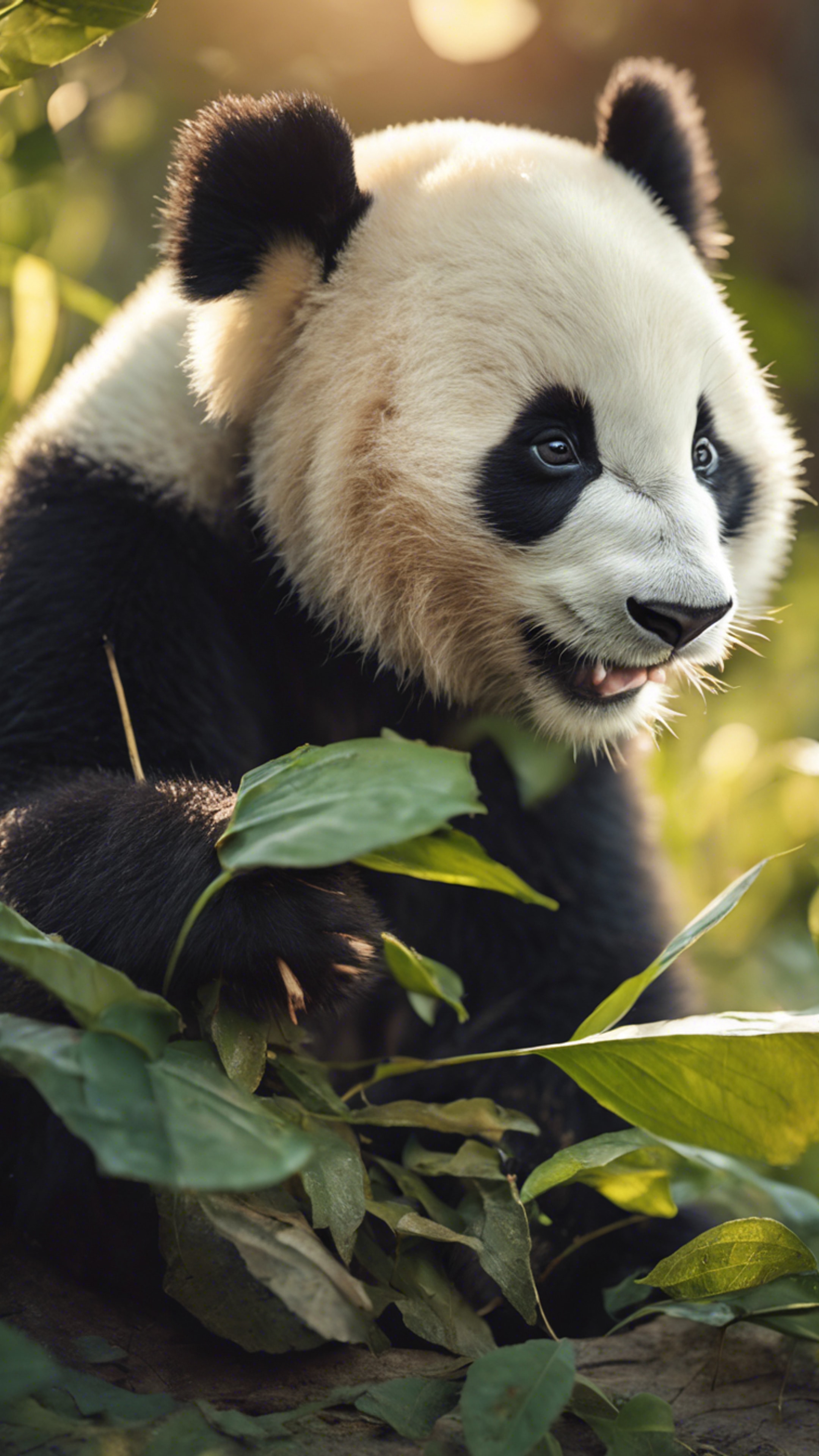 A young panda bear adorably nibbling on a leaf in the soft glow of morning light. Tapeta[df98dc8ca776441d85bc]