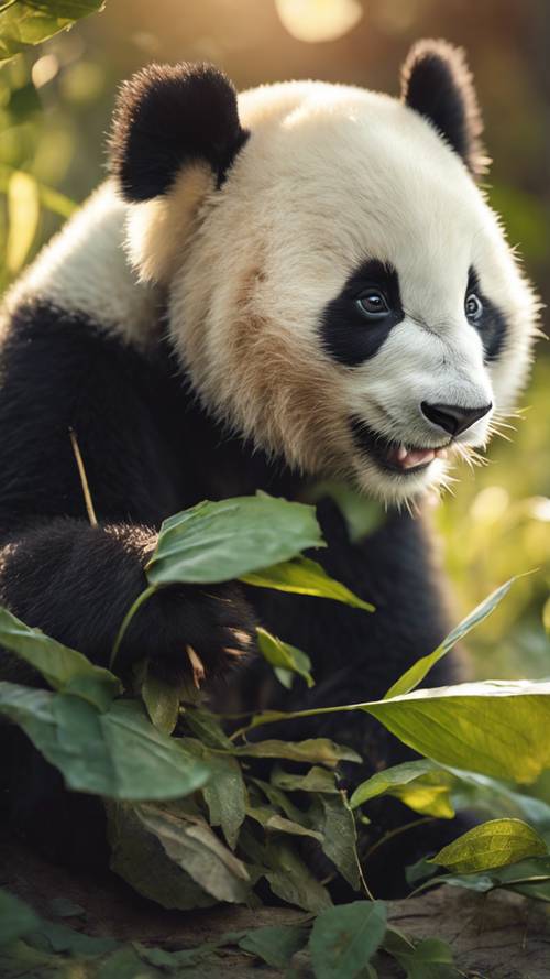 Un jeune panda grignotant adorablement une feuille dans la douce lueur de la lumière du matin.