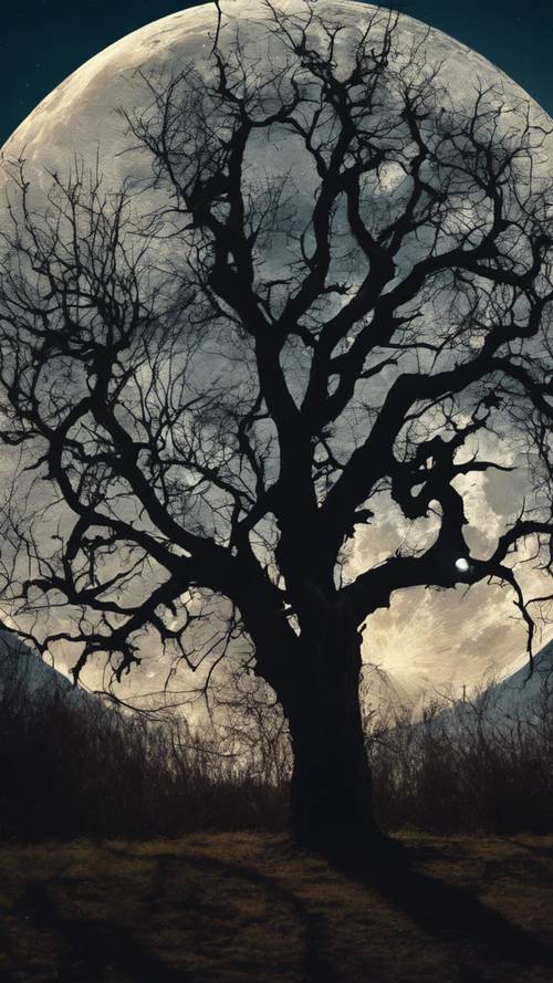 月亮出现在一棵古老扭曲的树的轮廓后面，投下长长的、怪异的阴影。