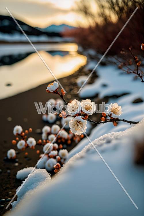 Flores de cerejeira sobre o rio nevado