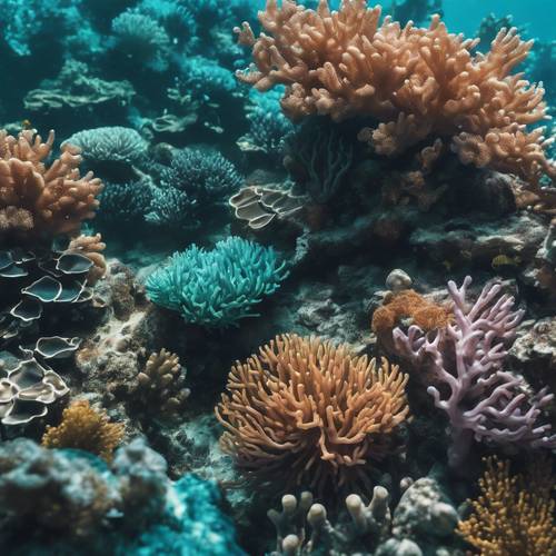 Okyanusun derinliklerindeki turkuaz mercan resiflerinin canlı üstten görünümü