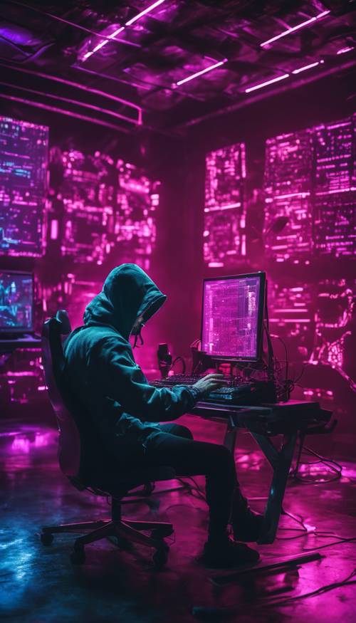 A cool hacker sitting in a dark room filled with extreme neon lights and multiple computer screens showing complex codes.