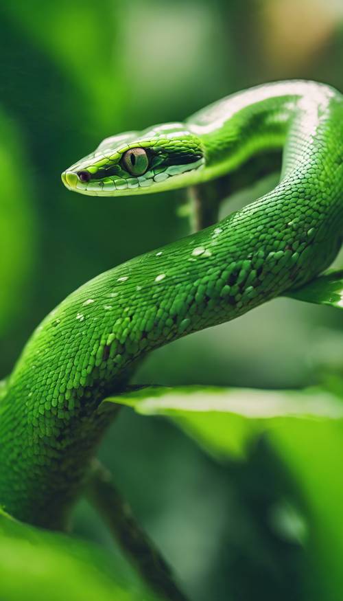 Seekor ular merambat berwarna hijau cerah berkamuflase di tengah rimbunnya dedaunan di hutan hujan tropis.