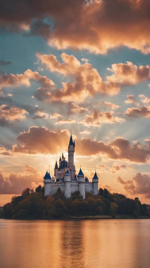 一朵朵白云在落日的余晖中，在天空中形成一座城堡。