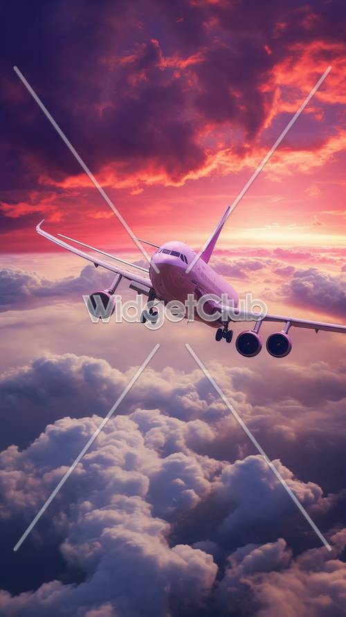 Avião voando através de um céu deslumbrante do pôr do sol