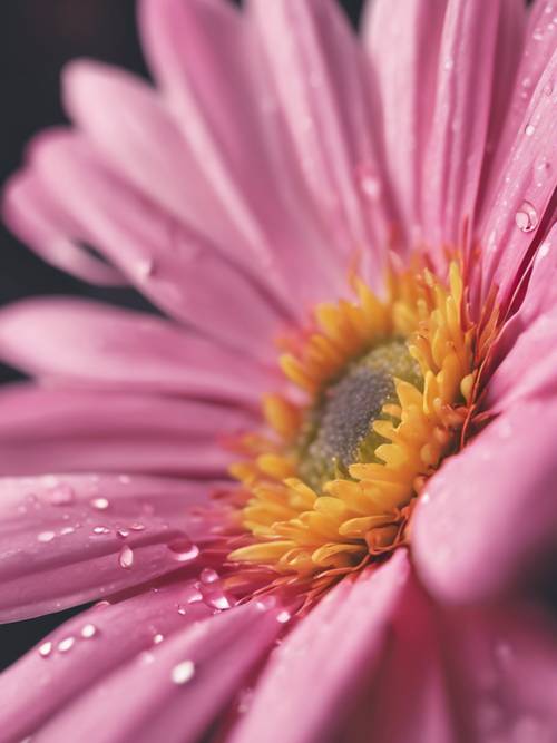 Gambar bunga aster merah muda dengan close-up ekstrim pada inti kuning cerahnya.