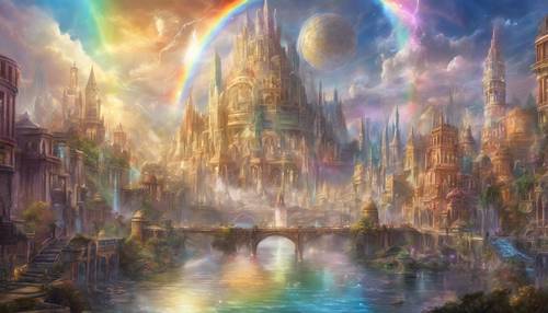 Uma cidade de fantasia brilhante feita de cristal puro sob um céu de arco-íris.