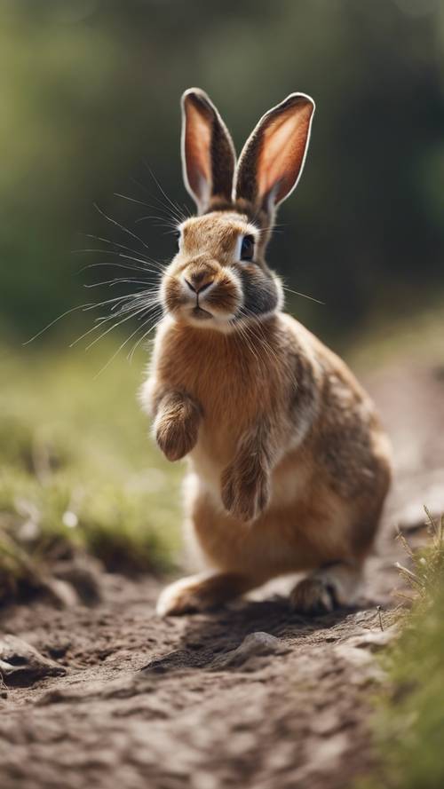 Un audace coniglio che scivola avventurosamente giù da una piccola collina, con le orecchie mosse dal vento.