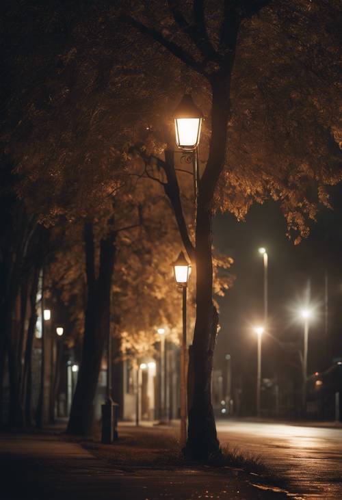 Uma rua suburbana escura e tranquila, iluminada apenas por postes ocasionais.