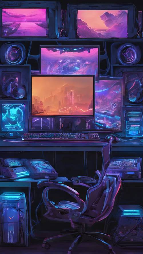 Ein atemberaubendes dunkelblaues Gaming-Setup mit Neonlichtern und mehreren Monitoren.