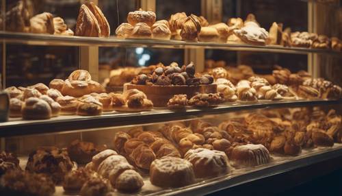 An old-fashioned bakery shop window filled with traditional Christmas pastries and treats.