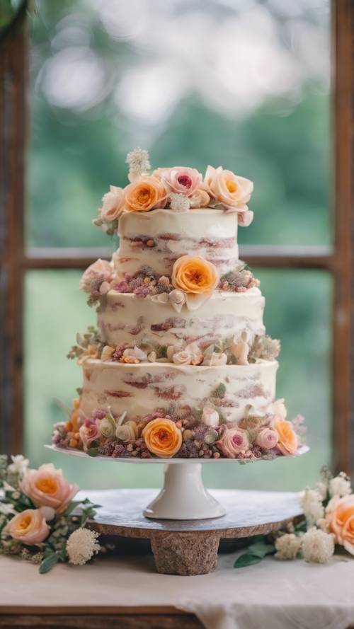 Tort weselny pokryty kremowym lukrem i udekorowany świeżymi kwiatami.