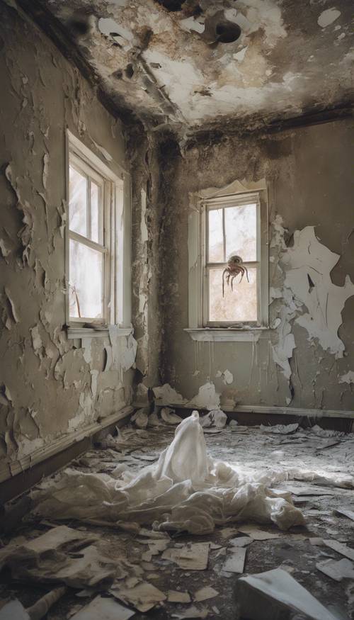An ectoplasm floating in an abandoned asylum with peeling paint and collapsed ceilings.