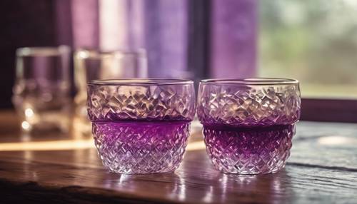 Vintage-style glassware casting beautiful purple ombre reflections on an old oak table. Tapet [531c40dd586a4944a837]