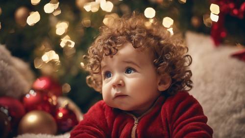 A baby with curly hair engrossed in a festive Christmas tree decorations.