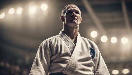 A judoka standing victorious, raising one's hand in triumph, after a tough judo match. Tapeet [1f2afea8278a419c9690]