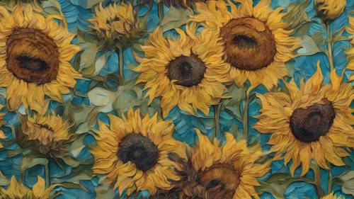Ein florales Wandbild im Stil von van Goghs „Sonnenblumen“, das eine ganze Wand bedeckt.