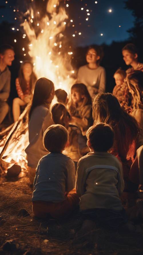 A family gathered around a bonfire, roasting marshmallows and sharing stories under the starlit night.