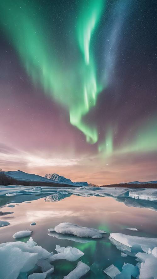 Gleaming ice mirrors formed naturally, reflecting the aurora borealis at night.