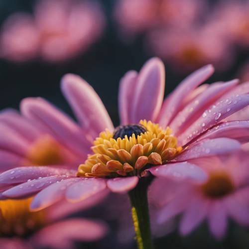 黄昏时分拍摄的一朵粉色雏菊，其花瓣在弱光下闪闪发光。