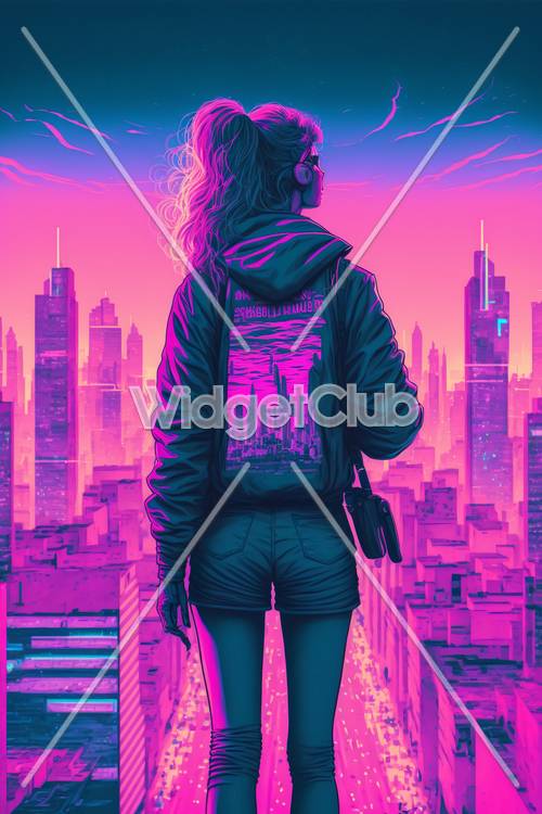 Leuchtend neonfarbener Blick auf die Stadt aus der Perspektive eines stylischen Mädchens