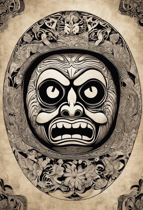 Ornate drawing of a Japanese Daruma doll in a format that replicates black ink on parchment