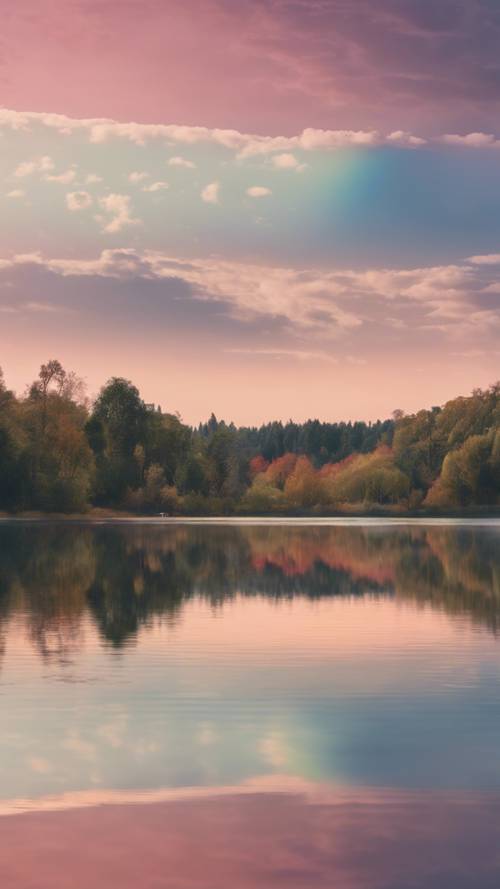 Un paisaje sereno al atardecer con un lago tranquilo que refleja un arco iris en colores pastel.