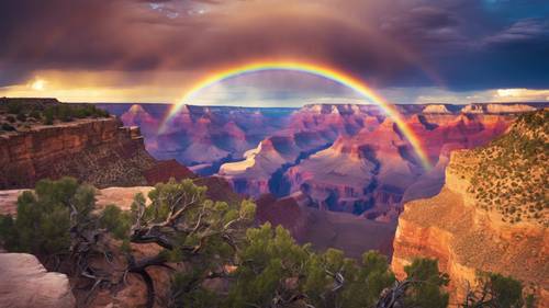 A rainbow over the grand canyon with the quote 'Happiness comes from within' naturally integrated into the vibrant range of colors.