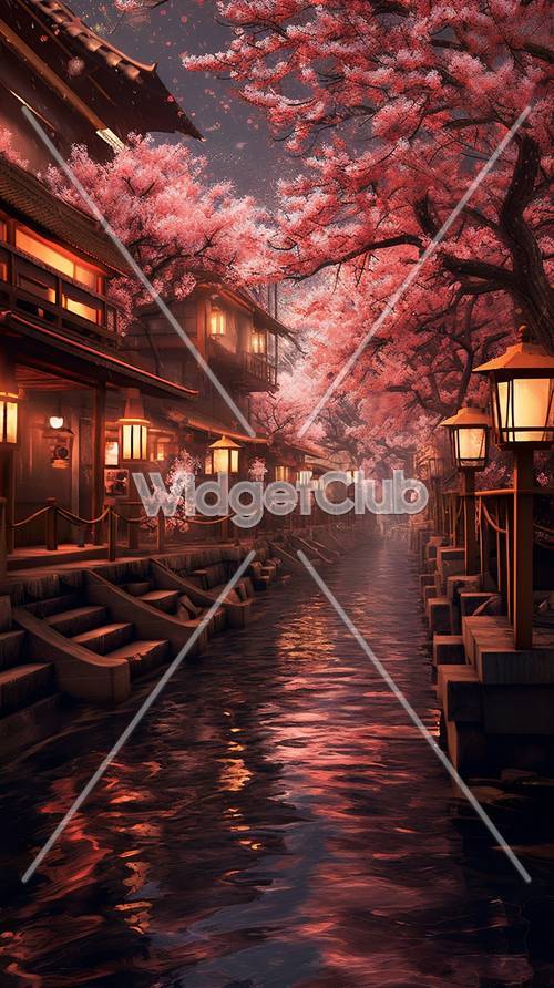 日本の村にある桜並木の壁紙