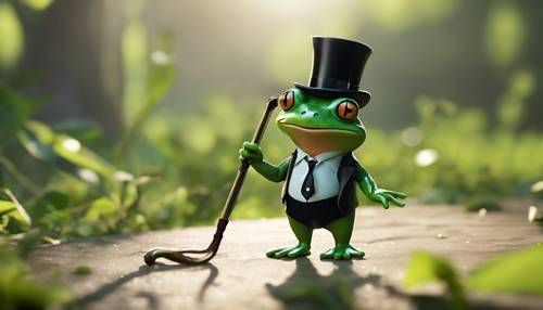 An animated green frog with a cheeky smile, wearing a top hat, standing upright and holding a walking cane".