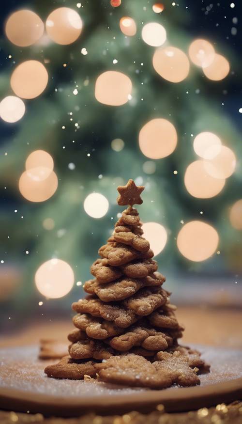 Una notte invernale stellata con vista su una scia di briciole di biscotti che conduce a un albero di Natale decorato.