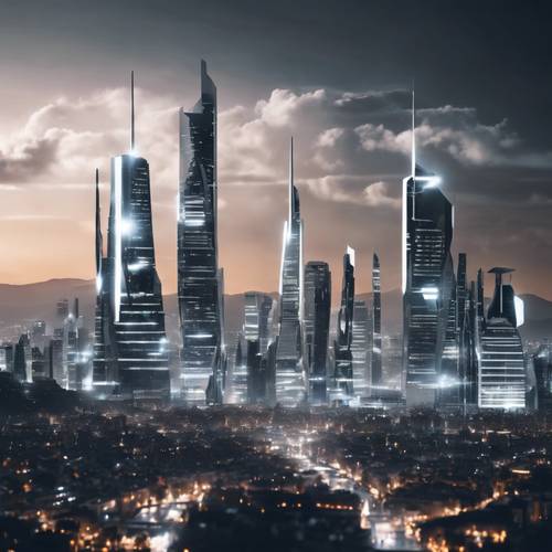 Skyline futuriste de la ville blanche et argentée pendant la nuit.